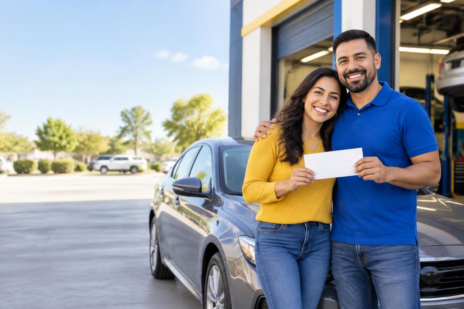 Happy couple beside their repaired car